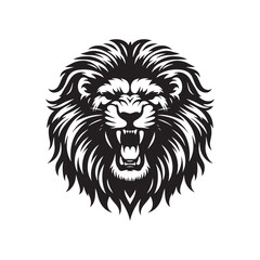 Lion Face Silhouette: Roaring Power and Elegant Majesty of a Lion's Face, with Striking Mane and Piercing Eyes in Black and White
