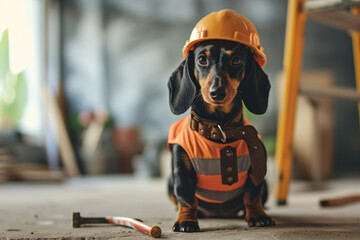 Professionally Dressed Dachshund - a well-groomed old Dachshund posing as a construction worker with a hard hat and tool belt Gen AI - 696883648