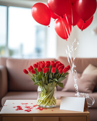 Buquet de rosas vermelhas e balões vermelhos em uma sala de estar - Papel de parede romântico com o tema surpresa  - obrazy, fototapety, plakaty