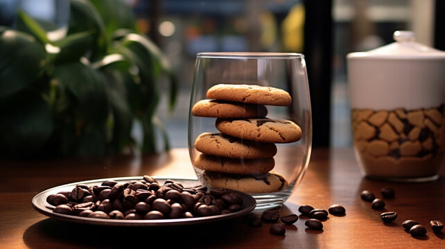 Close up of a glass cup of coffee with whipped cream and chocolate on it, chocolate chip cookies and roasted coffee beans on dark background.