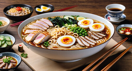 Art of Special size Asian Style noodle has many eggs meat and vegetables as topping