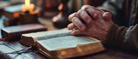 A praying man leans over a Bible in a moment of spiritual reflection and devotion - obrazy, fototapety, plakaty