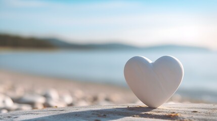 Fototapeta premium Close up of a white wooden Heart in front of a beautiful Seascape. Blurred natural Background