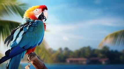 A bright tropical parrot sits on a branch against the background of a beach in blue tones lighting