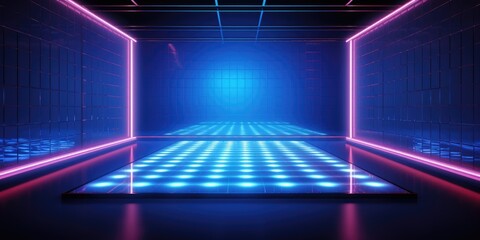 Neon room with led light stage vector background. Dark abstract studio with screen night scene. Empty television hall for dance party or concert. - obrazy, fototapety, plakaty