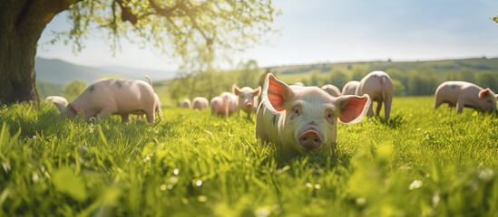 Group piglets grazing freely in a lush green pasture farm.
 - obrazy, fototapety, plakaty