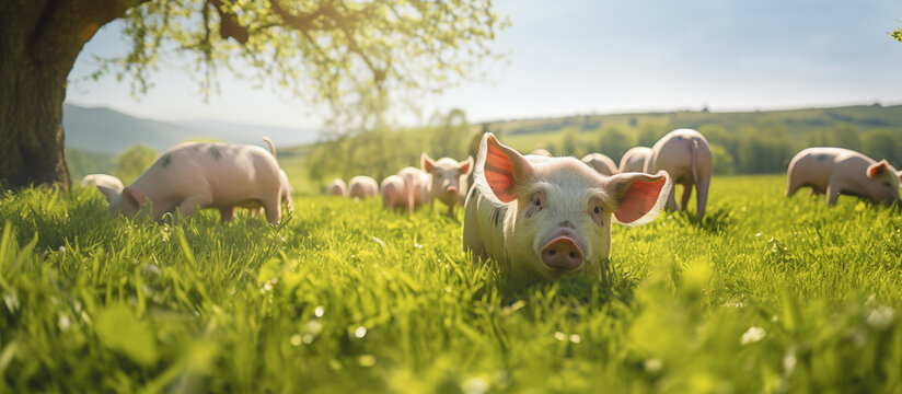Group piglets grazing freely in a lush green pasture farm.

