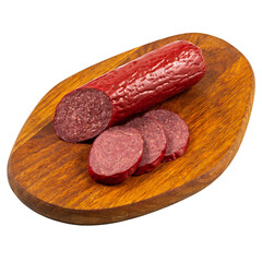 Deer meat sausage, sliced, on a wooden board, on a white background
