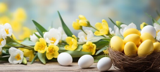 Easter holiday celebration banner greeting card banner with easter eggs in a bird nest basket and yellow flowers on table - Powered by Adobe