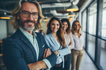 Fototapeta premium A diverse group of businesspeople poses for a professional team photo, exuding confidence and professionalism, while looking smart and impeccable. Generative AI.