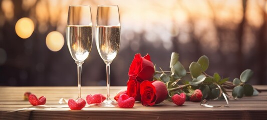 Valentine's Day, wedding, birthday celebration holiday greeting card banner concept - Clinking glasses, sparkling wine or champagne glasses and red roses on table with bokeh lights in the background - obrazy, fototapety, plakaty