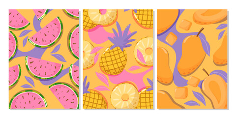 Set of fun bright tropical fruit backgrounds. Watermelon, pineapple, mango. Summer vitamin abstract vector illustration for banner, poster, flyer, fruit shop, social media
