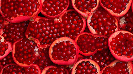 Top View Full Frame of Fresh Pomegranate Fruit Slices, Creating a Vibrant and Summery Visual Feast.