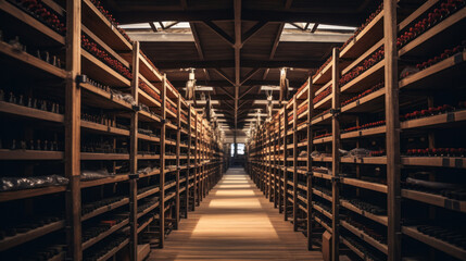 wine bottles in wooden rack in wine cellar