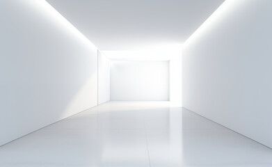 Minimalist empty modern house with a narrow empty corridor of white satin walls.