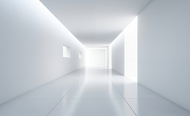 Obraz premium Minimalist empty modern house with a narrow empty corridor of white satin walls.