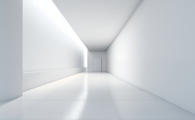 Minimalist empty modern house with a narrow empty corridor of white satin walls.