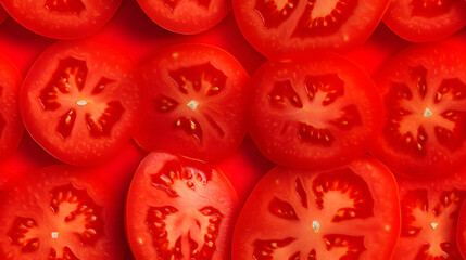 Top View Full Frame of Fresh Tomato Fruit Slices, Creating a Vibrant and Summery Visual Feast.