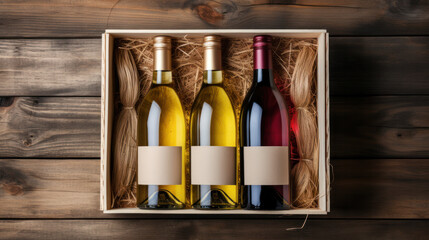 Craft beer bottle in a wooden gift box on rustic table