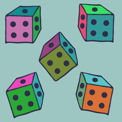 Cartoon  multicolored dice . Hand drawn.
