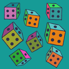 Design   multicolored dice . Hand drawn.