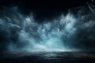 Abstract image of dark room concrete floor. Black room or stage background for product placement.Panoramic view of the abstract fog. White cloudiness, mist or smog moves. generative ai. - obrazy, fototapety, plakaty