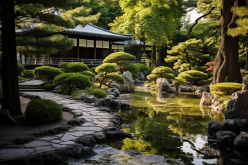 Fototapeta na wymiar Japanese landscape garden with sculpted trees and water features, space for contemplation on harmony
