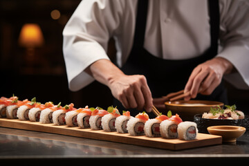 Sushi chef skillfully preparing rolls, leaving space for a statement on culinary craftsmanship