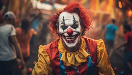 Gordijnen a clown is smiling with his clown outfit on in a dark night © Kien