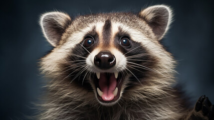 The raccoon laughs funny. Portrait.