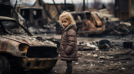 A frightened child against the backdrop of war destruction.