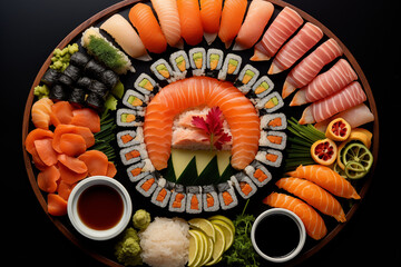 Sushi assortment arranged in a visually appealing display, allowing space for a commentary on sushi aesthetics