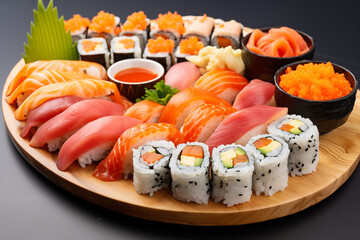 Sushi platter served with assorted dipping sauces, leaving space for a note on flavor variations