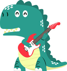 Cute dinosaur tyrannosaurus with guitar rock
