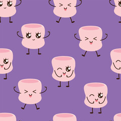 Seamless funny pattern with cartoon marshmallows. Vector character design.