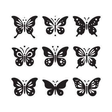 Nectar-Chasing Butterflies: Set of Butterfly Silhouette, Pollination Dance, and Botanical Harmony in Shadows
