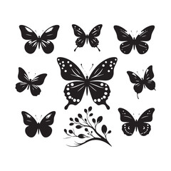 Urban Garden Shadows: Set of Butterfly Silhouette, City Nature Scenes, and Winged Beauties Amidst Modern Life
