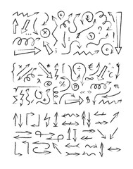 Fototapeta na wymiar Large set of charcoal arrows. Hand drawn arrows, punctuation marks. Doodle vector illustration.