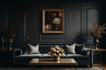 Fototapeta na wymiar Stunning Modern Interior Design with Elegant Upholstered Furniture Against a Dark Classical Wall