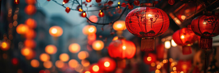 Chinese lanterns in the evening on the city streets, Chinese New Year celebration, space for text - obrazy, fototapety, plakaty