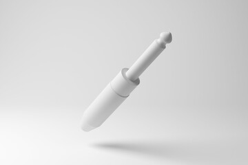 White 6.35mm audio jack floating in mid air on white background in monochrome and minimalism. Illustration of the concept of hi-fi music systems
