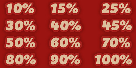 The image displays a range of discount percentages on a red backdrop, ideal for sales and promotional materials.