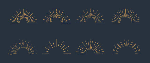 Sunburst rays set in golden vintage style. Bursting gold sun rays collection. Hand drawn radial sunset beams isolated for logo, tag, stamp, banner, invitation, boho designs. Vector illustration