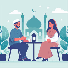 Vector Muslim couple chatting with a mosque background