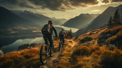 Fototapeta premium Electric Escapade: Friends Conquer Mountain Vistas. Generative AI