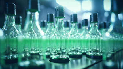 Vodka bottles on conveyor belt in alcohol factory production line.
