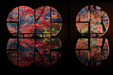 Japanese autumn scenery in round windows with reflection