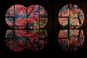 Fotobehang Zen Japanese autumn scenery in round windows with reflection  © Stéphane Bidouze