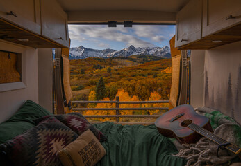 Vanlife Remote Work Nomad Interior Bedding Doors Open Autumn Colorado Dallas Divide. Freedom...