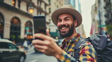 Fototapeta na wymiar Happy tourist take selfie self-portrait with smartphone in New York Manhattan - Smiling man on vacation looking at camera - Holidays and travel concept